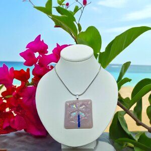 Festival dichroic fused glass necklace Pink sparkly artisan made flower jewelry